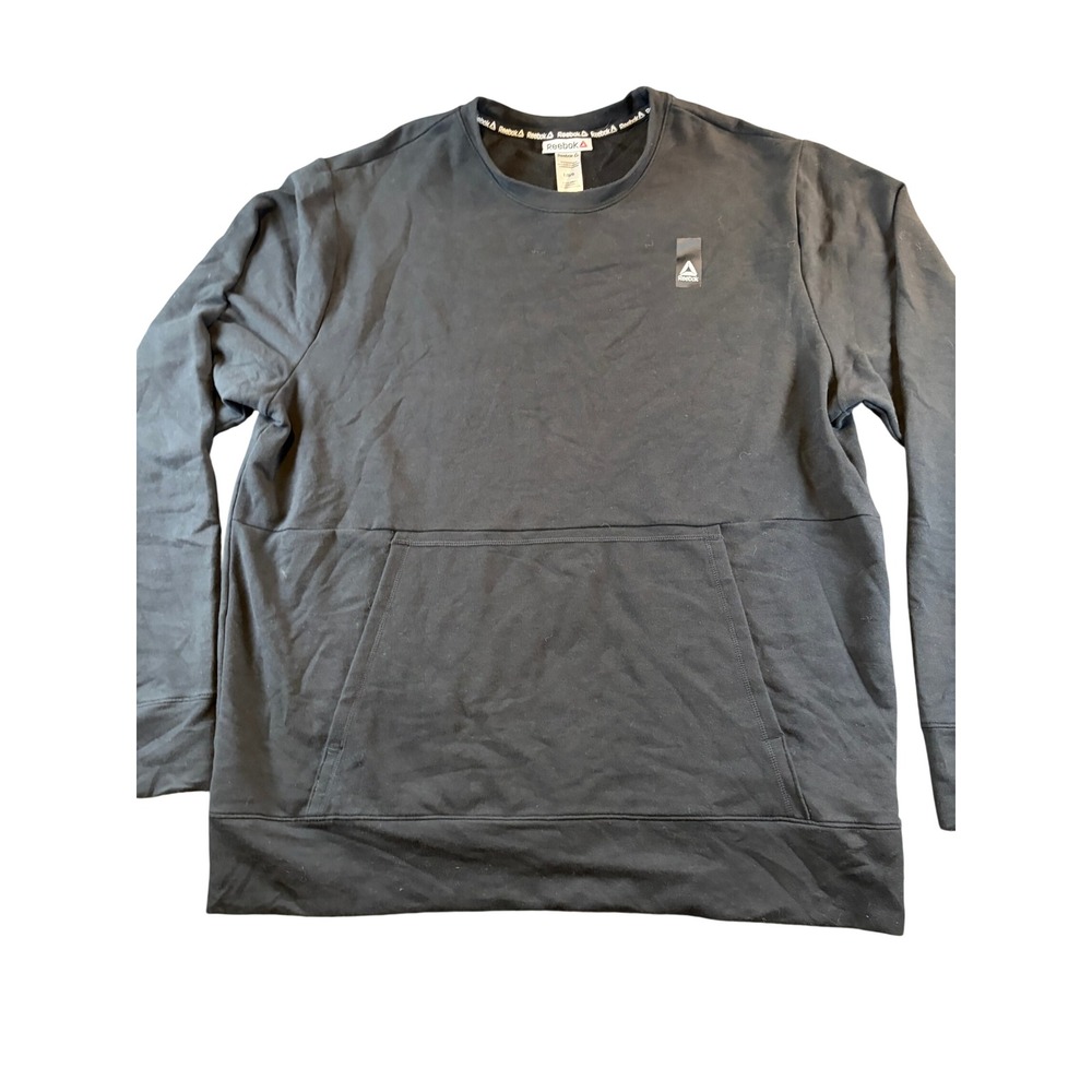 Reebok Mens Black Crew Neck Sweatshirt Kangaroo Pocket Athletic Pullover Large